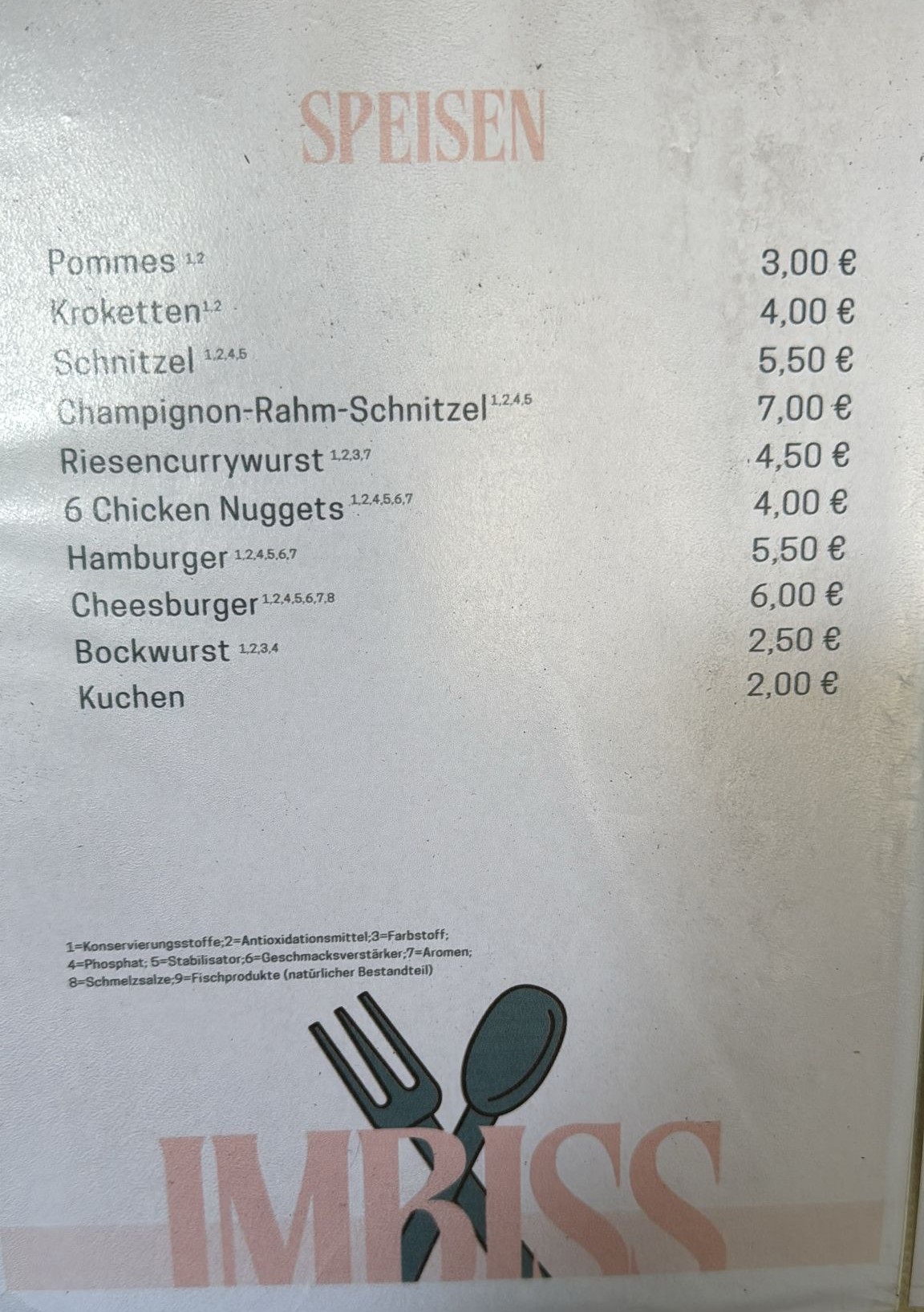 Speisekarte Kiosk Campingplatz Bad Bodenteich